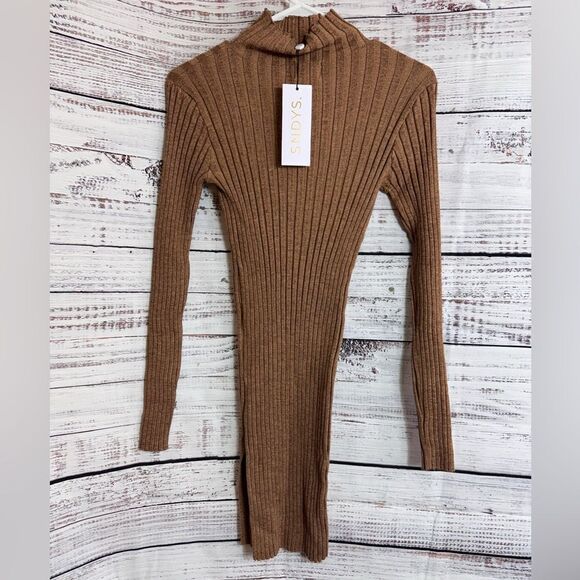 SNDYS Dress Womens Size Small Coffee Ribbed Sweater Bodycon Mini Mock Neck‎ New - Picture 3 of 15